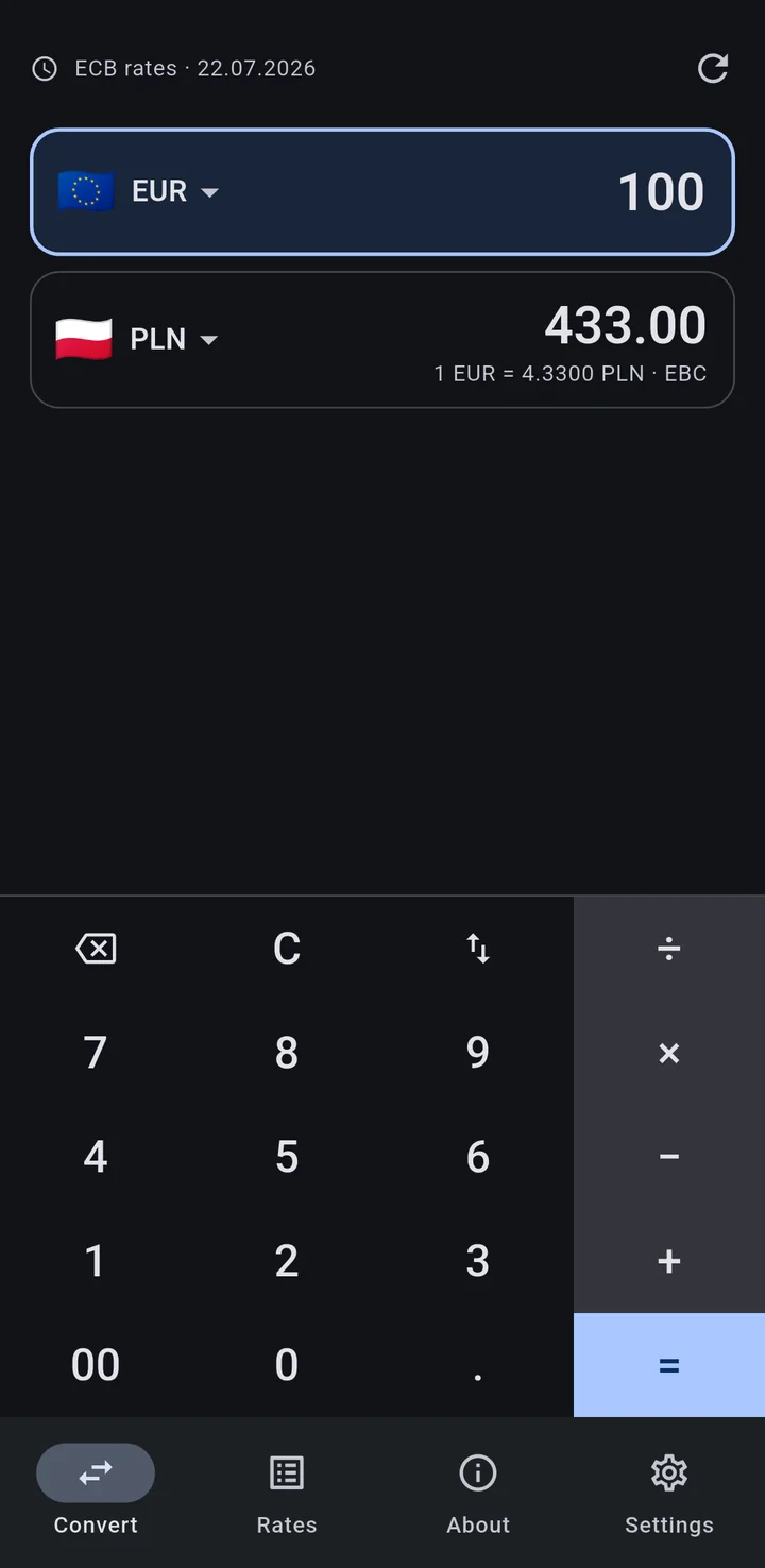 Converter screen: 100 EUR to PLN, with a numeric keypad below