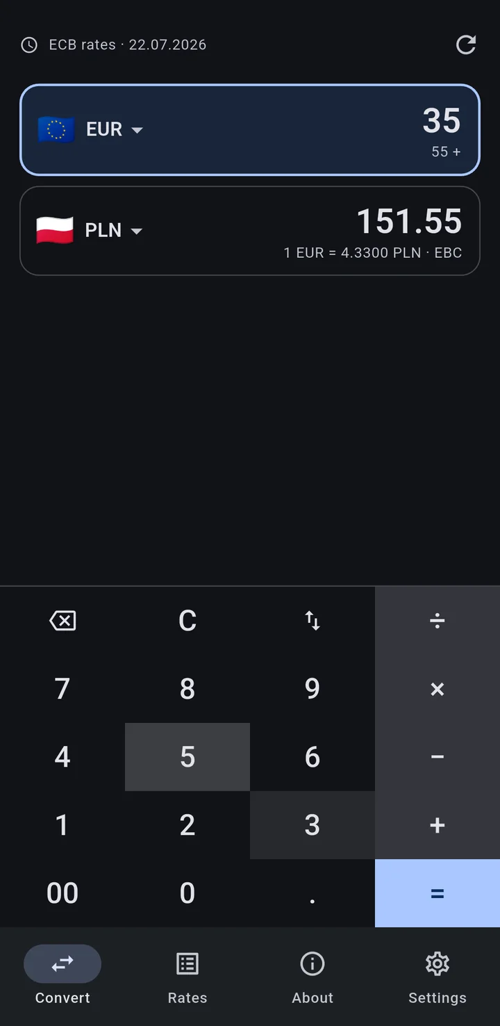 Screen with 55 + 35 typed in the EUR field and the converted result below