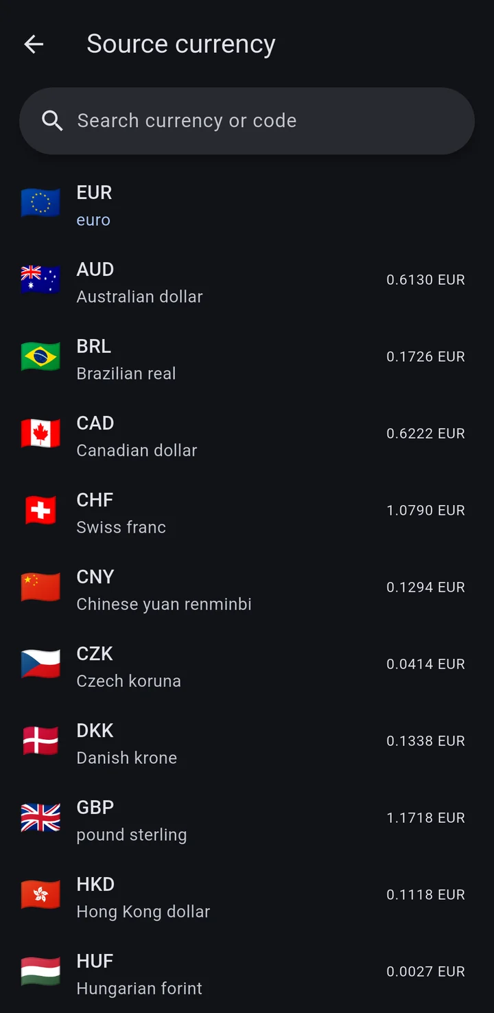 Currency picker screen with a search field