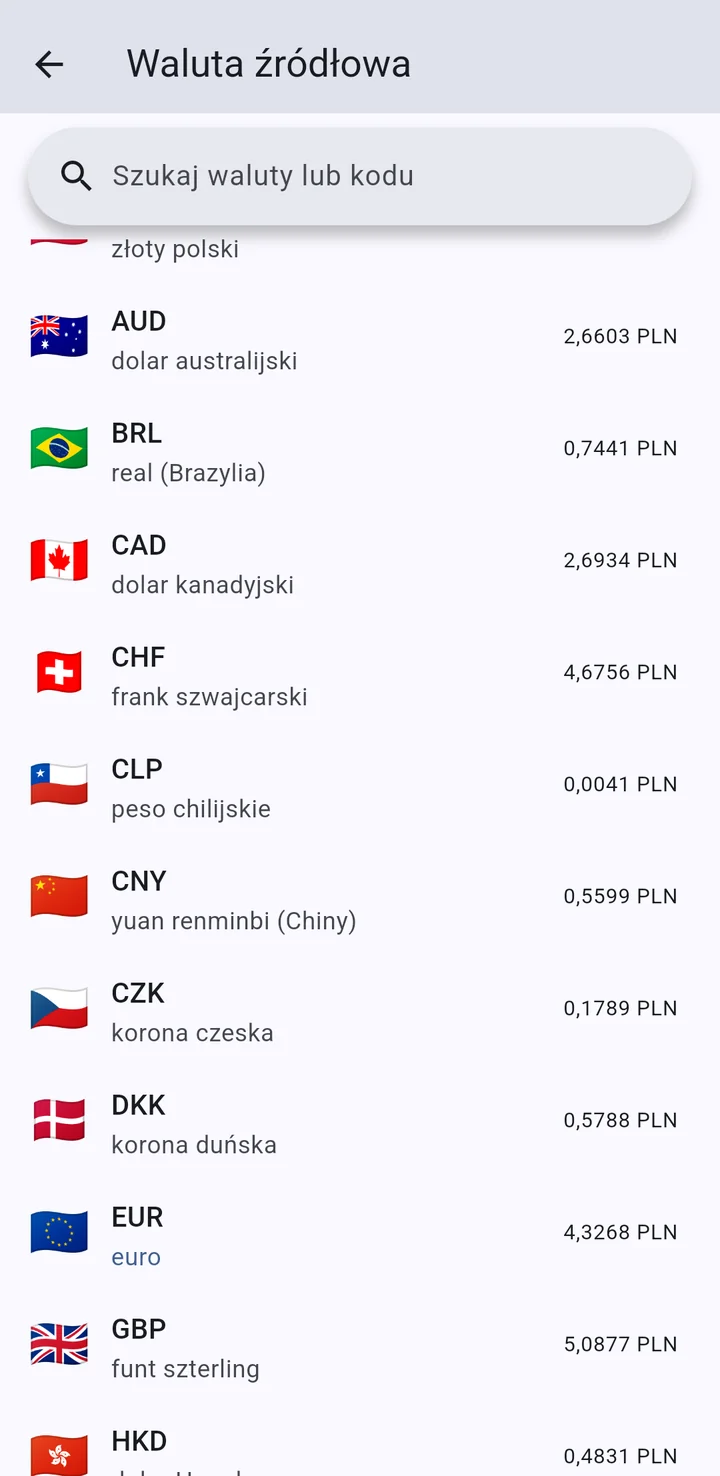 Ekran wyboru waluty źródłowej z polem wyszukiwania